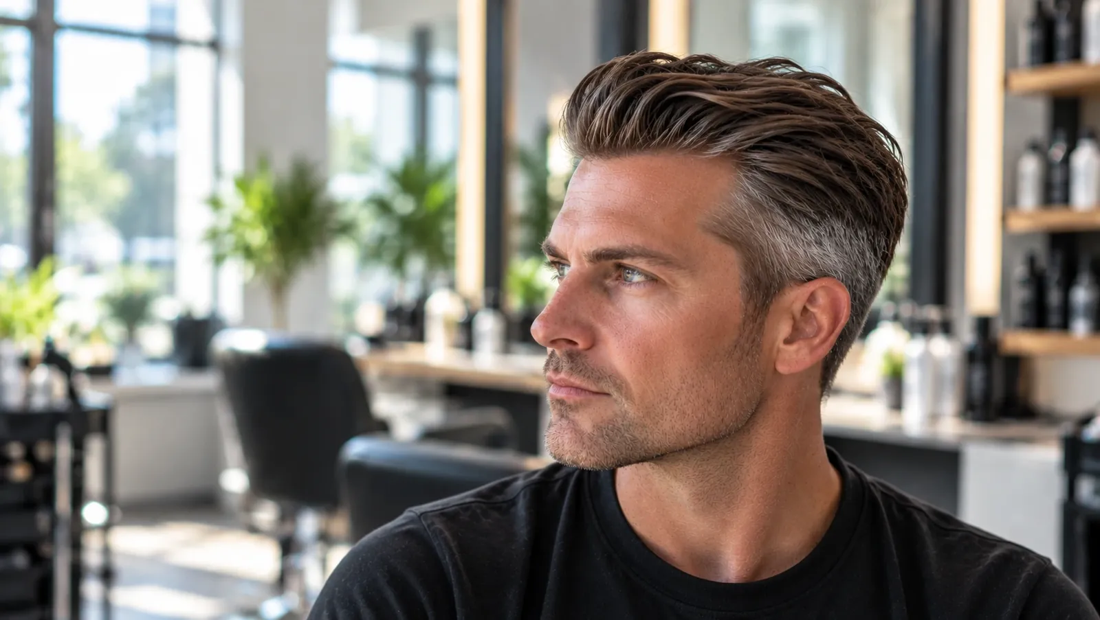 Herrfrisyr: kort på sidorna, längre bakåtkammat hår på toppen